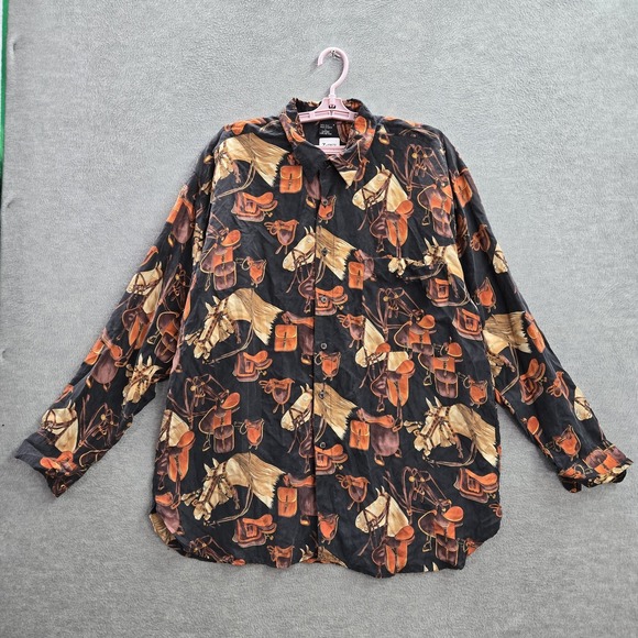 VINTAGE Silk Club Men Shirt L Black Horse Allover Print 100% Silk Equestrian - Picture 1 of 8